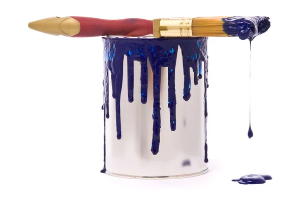 Can of blue paint and professional brush — Stock Photo, Image