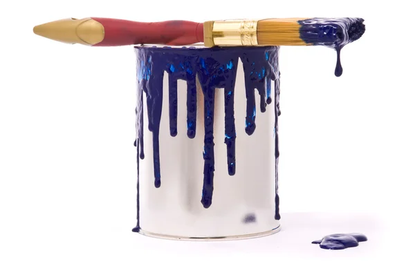 Can of blue paint and professional brush — Stock Photo, Image