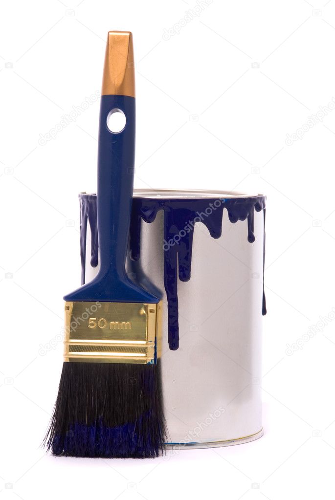 Can of blue paint and professional brush