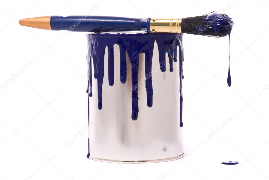 Can of blue paint and professional brush