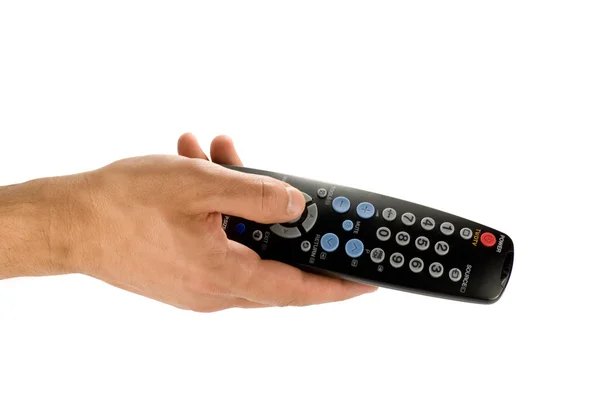 Mão segurando TV controle remoto — Fotografia de Stock