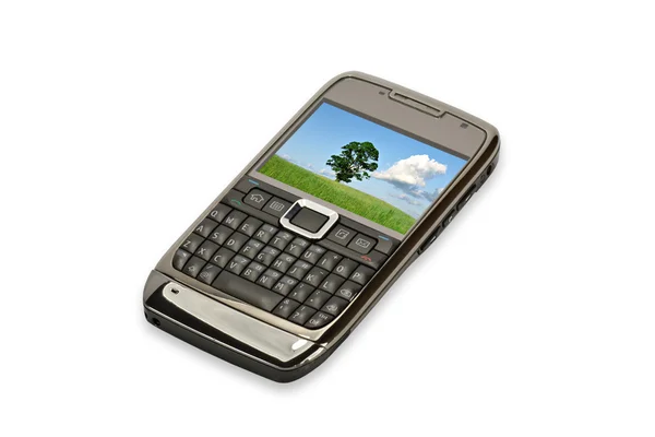Mobile phone with summer landscape screen — Stock Photo, Image