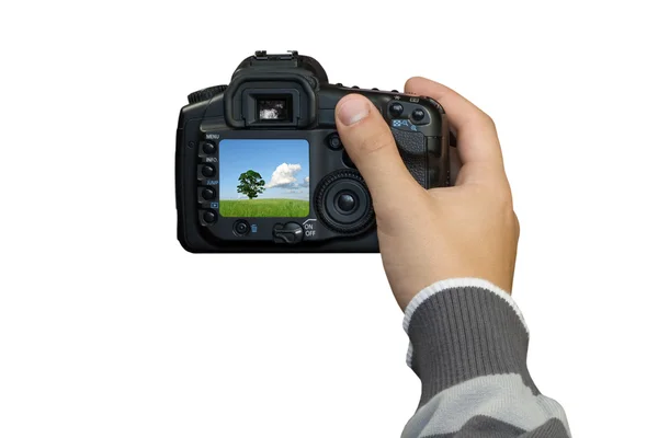 Χέρι με ψηφιακή φωτογραφική μηχανή — Φωτογραφία Αρχείου