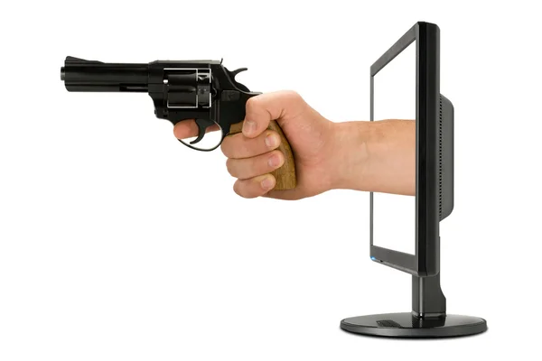 Moniteur d'ordinateur et main avec pistolet — Photo