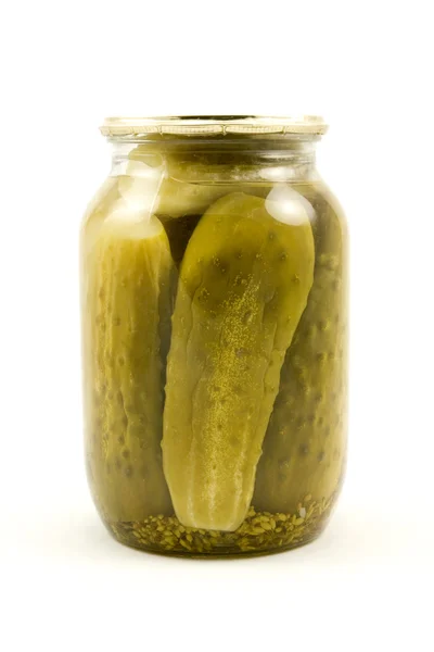 Helder glazen pot met komkommers — Stockfoto
