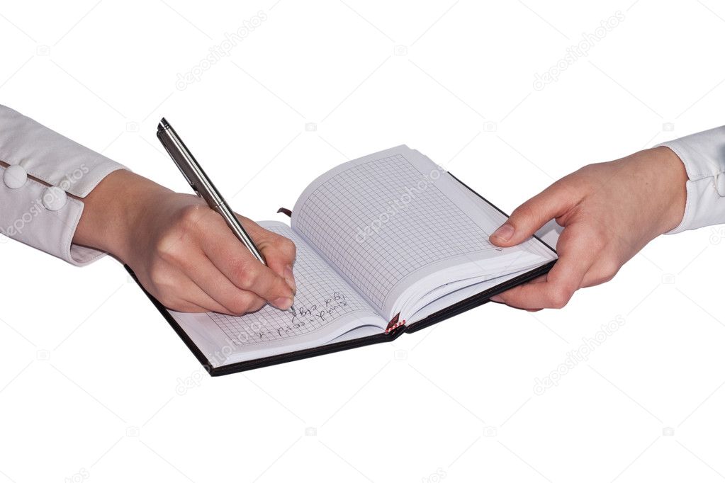 Young female is writing notes on a white background