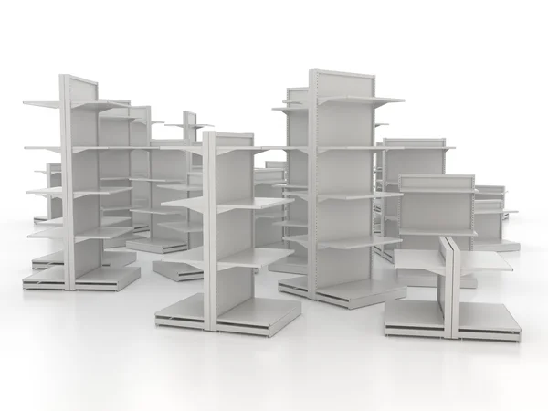 Group of grey shop shelves — Stock Photo, Image