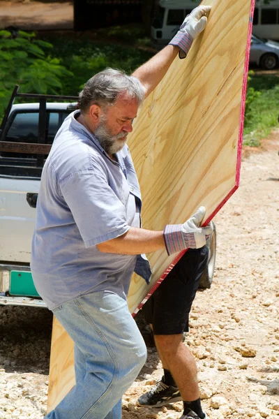 Homem descarregando madeira compensada — Fotografia de Stock