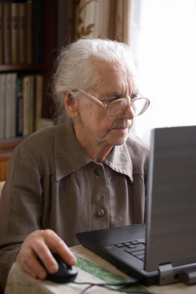 Dizüstü bilgisayarı olan yaşlı bir kadın. — Stok fotoğraf