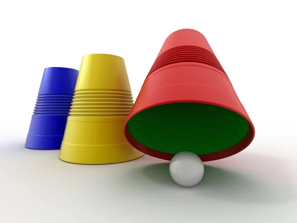 Drie gekleurde plastic bekers met sfeer. juiste keuze — Stockfoto