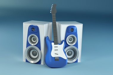 gitar ve mavi zemin üzerine louspeakers