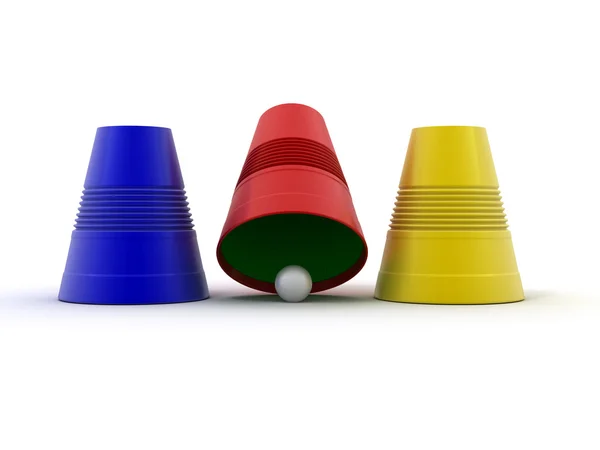 Right choice. Three plastic cup with sphere. Game. 3d — Stock Photo, Image
