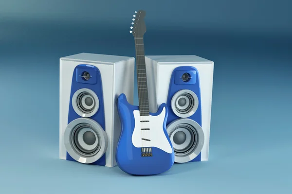Guitarra y altavoces sobre fondo azul —  Fotos de Stock