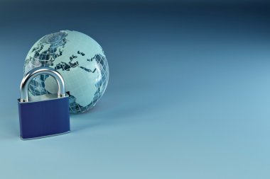 Earth with padlock on blue background clipart