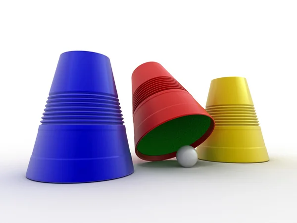Tři barevné plastové kelímky s koulí. správná volba — Stock fotografie