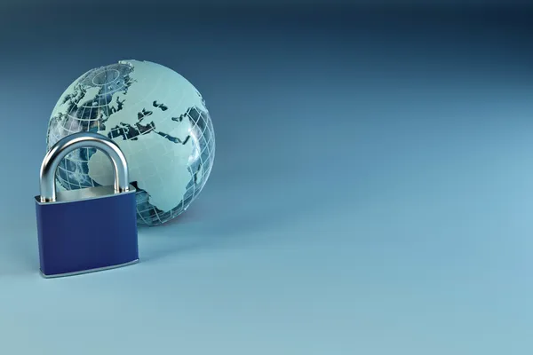 stock image Earth with padlock on blue background