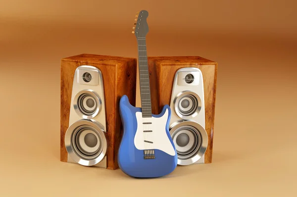 stock image Guitar and louspeakers on yellow background