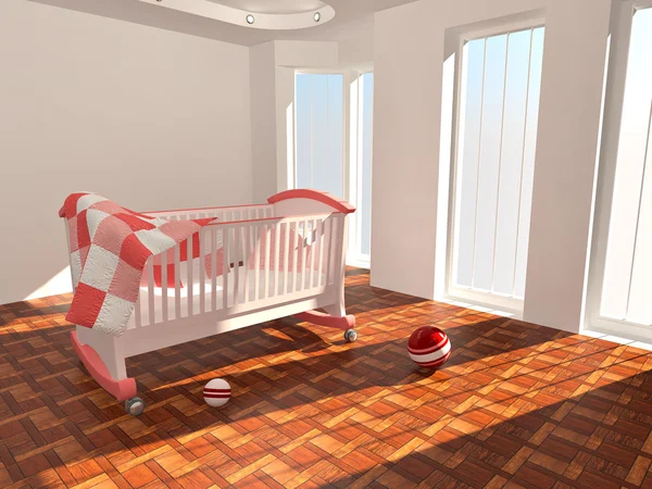 Dětská postel v prázdné místnosti, prozářený sluncem — Stock fotografie