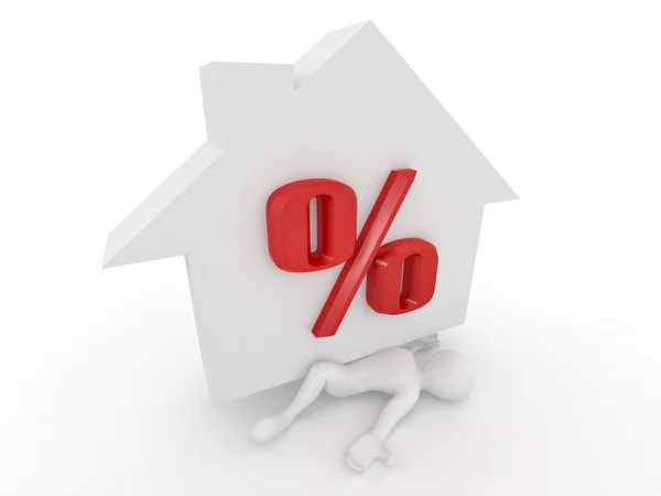 Mann zermalmte Prozent der Hypothek auf weißem isolierten Hintergrund — Stockfoto
