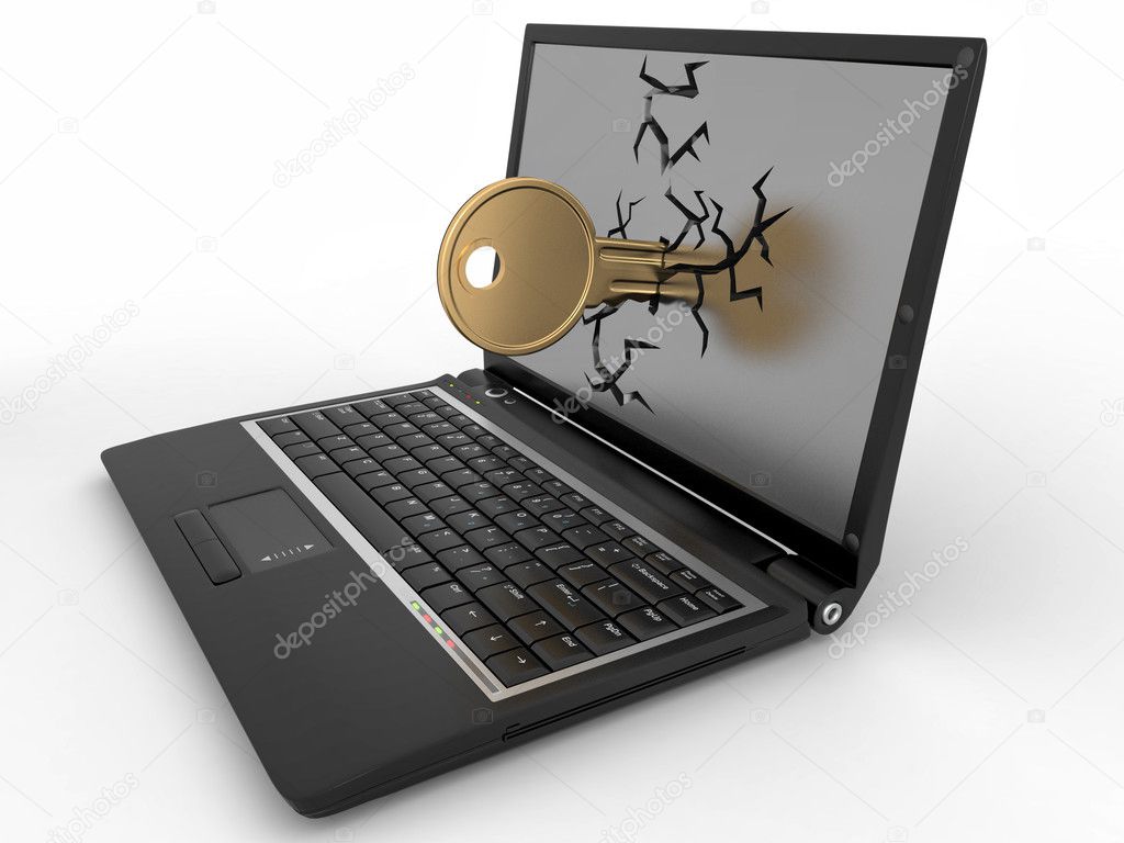 Password hacked. Key in laptop on white isolated background