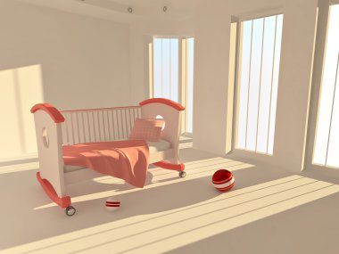 Children's bed in an empty room, lit by sunlight clipart