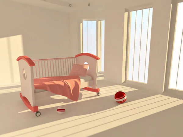 Children's bed in an empty room, lit by sunlight — Stock Photo, Image