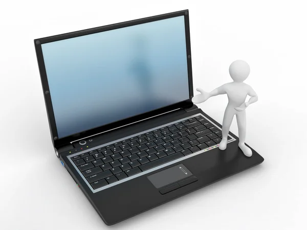Homem com laptop no fundo isolado branco — Fotografia de Stock