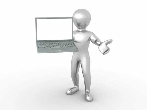 Человек с ноутбуком на белом изолированном фоне — стоковое фото