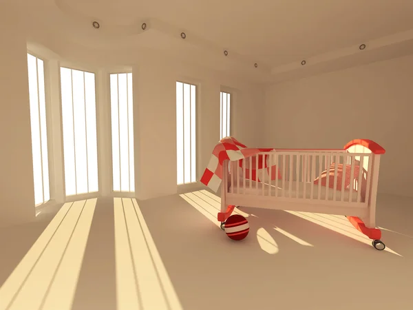 Łóżko dziecięce w pustym pokoju, oświetlony przez światło słoneczne — Zdjęcie stockowe