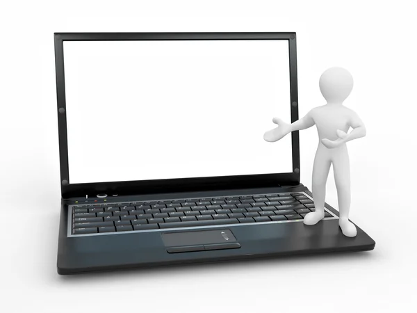 Homem com laptop no fundo isolado branco — Fotografia de Stock