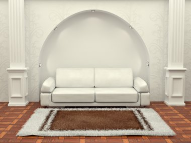 Inteiror. Sofa between the columns in white room clipart