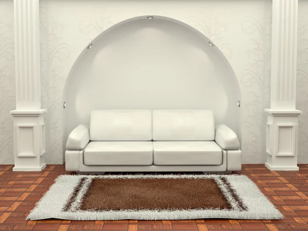 Inteiror. Sofa between the columns in white room — Stock Photo, Image