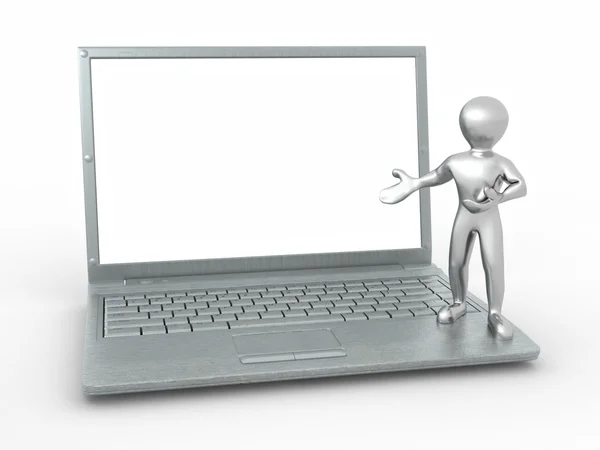 Человек с ноутбуком на белом изолированном фоне — стоковое фото
