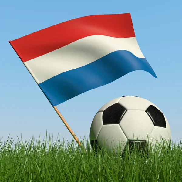 Soccer ball in the grass and flag of Netherlands. — Stock Photo, Image