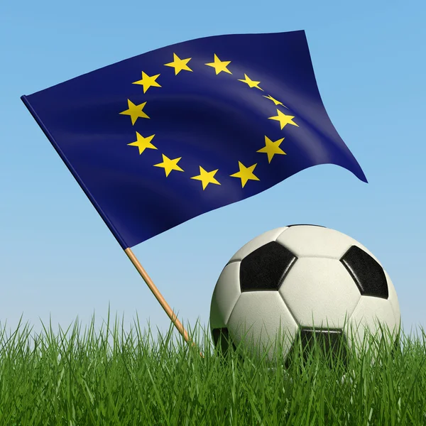 Piłka Trawie Flagę Unii Europejskiej Przeciw Błękitne Niebo — Zdjęcie stockowe
