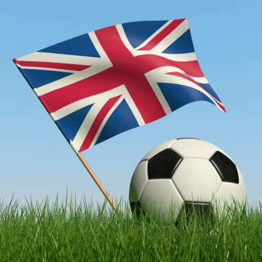 Futbol topu çim ve Büyük Britanya bayrağı mavi gökyüzü. 3D