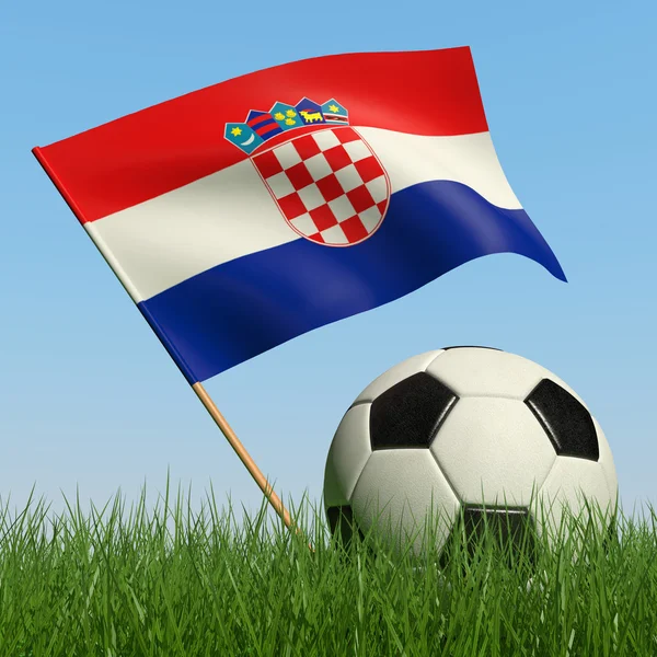 Fotbalový Míč Trávě Vlajka Chorvatska Proti Modré Obloze — Stock fotografie