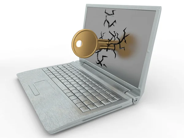 黑客攻击的密码 孤立在白色背景上的笔记本电脑中的密钥 — 图库照片