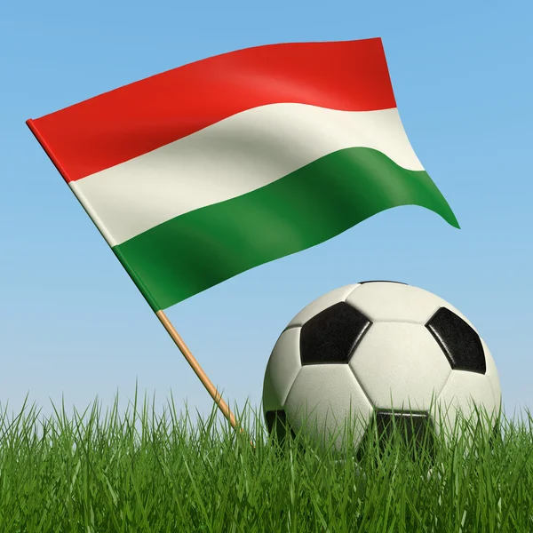 Fußball im Gras und Flagge Ungarns. — Stockfoto
