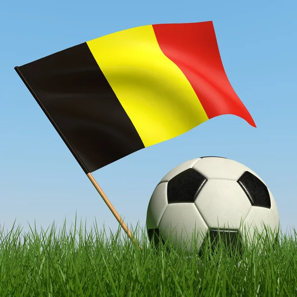 Pelota Fútbol Césped Bandera Bélgica Contra Cielo Azul — Foto de Stock