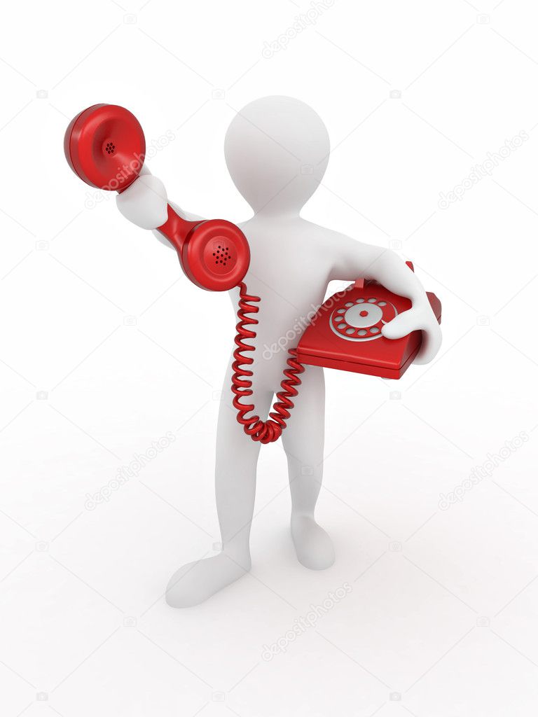 Man holding a telephone receiver on white isolated background. 3d