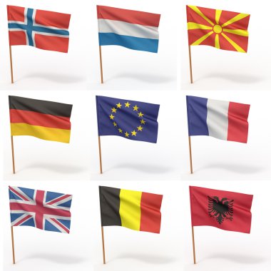 Avrupa bayrak topluluğu. Norveç, Hollanda, Makedonya, Almanya, Fransa, İngiltere, Romanya, Arnavutluk. 3D