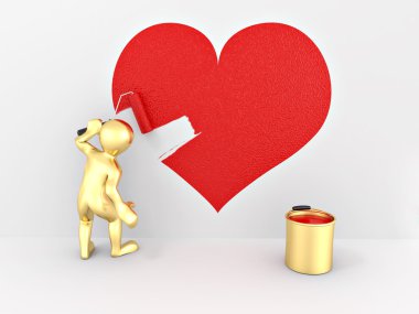 Men, drawing heart on the wall. 3d clipart