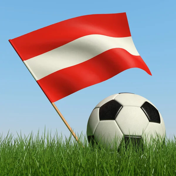 Pelota Fútbol Césped Bandera Austria Contra Cielo Azul — Foto de Stock