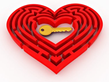 Key in the center of labyrinth in form of heart. 3d clipart