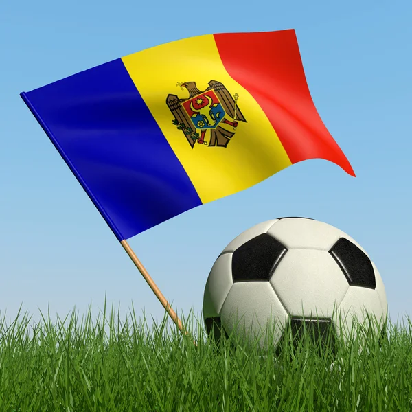 Ballon Football Dans Herbe Drapeau Moldavie Contre Ciel Bleu — Photo