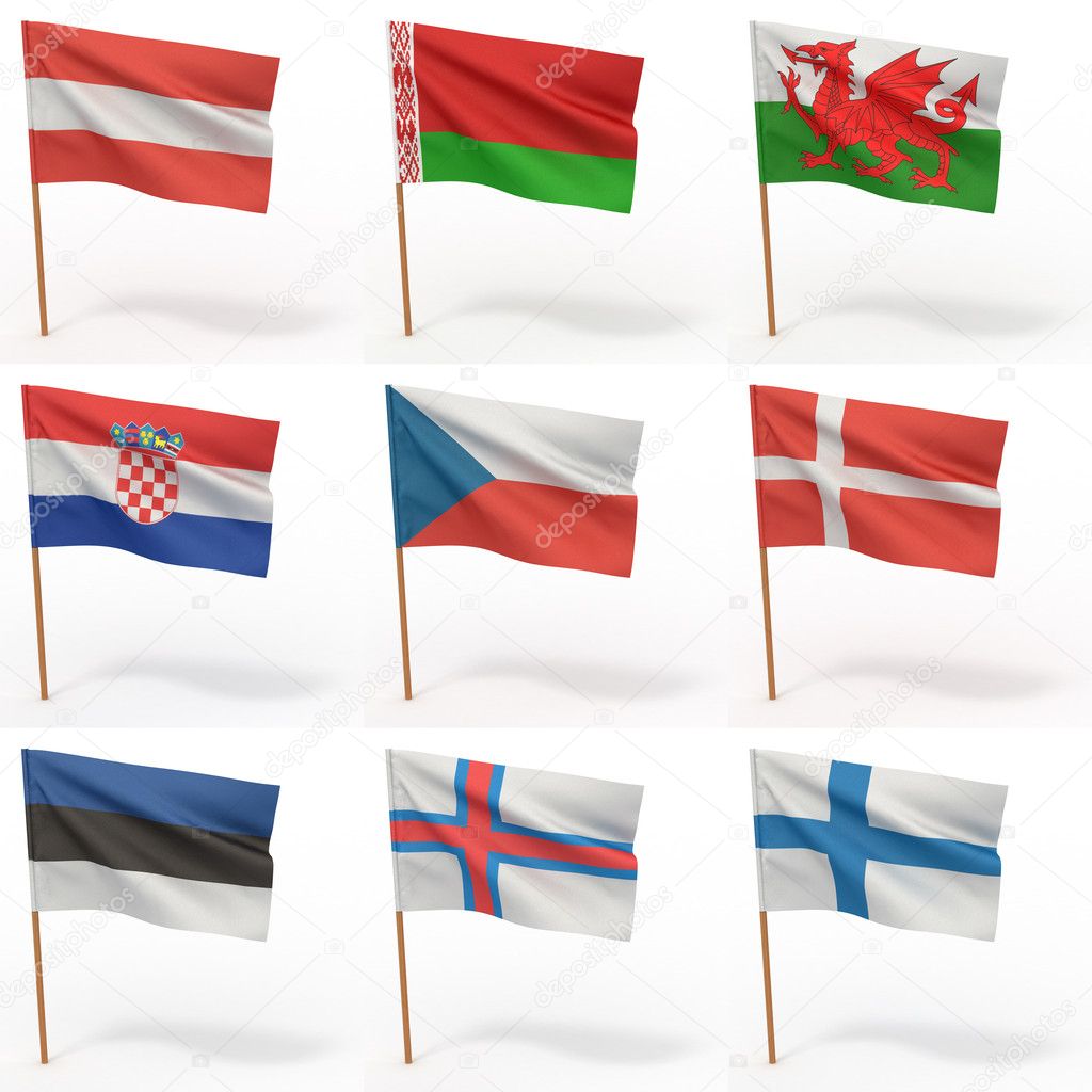 Collection of european flags. Austria, Belarus, Wales, Croatia, Czech, Denmark, Estonia, Farrer, Finland