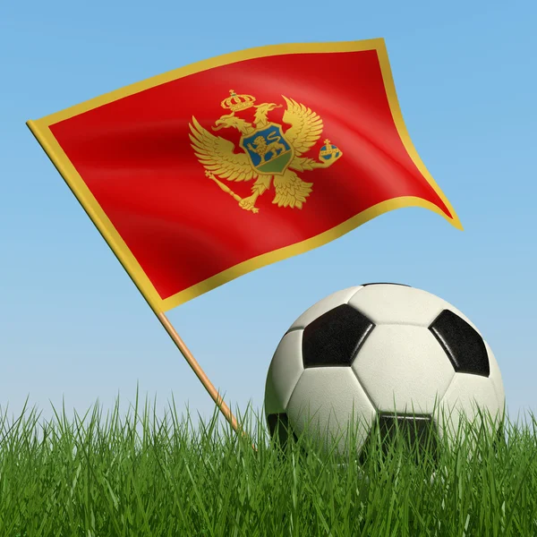 Fußball im Gras und Flagge Montenegros. — Stockfoto