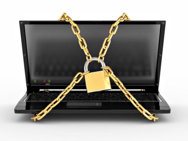 Laptop with chains and lock on white isolated background. 3d clipart