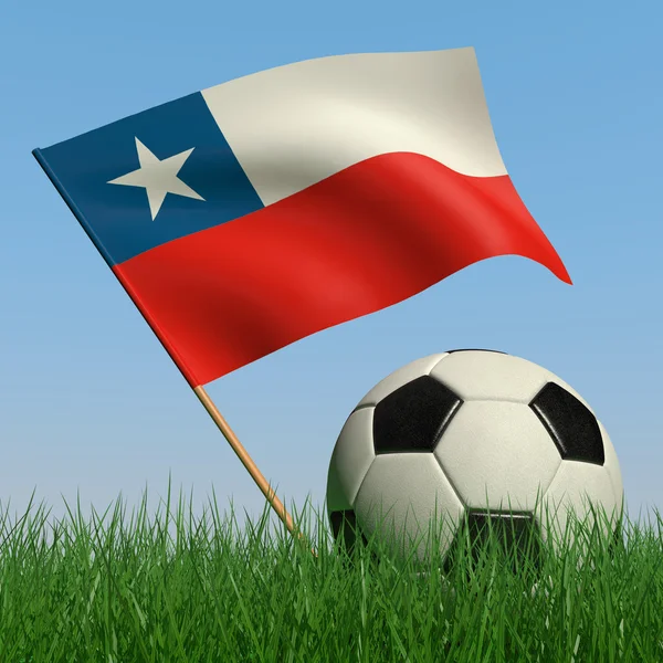 Bola Futebol Grama Bandeira Chile Contra Céu Azul — Fotografia de Stock
